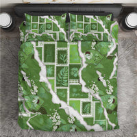 Hawaii Japanese Culture Sage Green Bedding Set Spring Cranes Aloha Pattern
