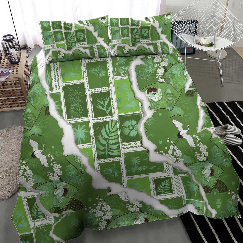 Hawaii Japanese Culture Sage Green Bedding Set Spring Cranes Aloha Pattern
