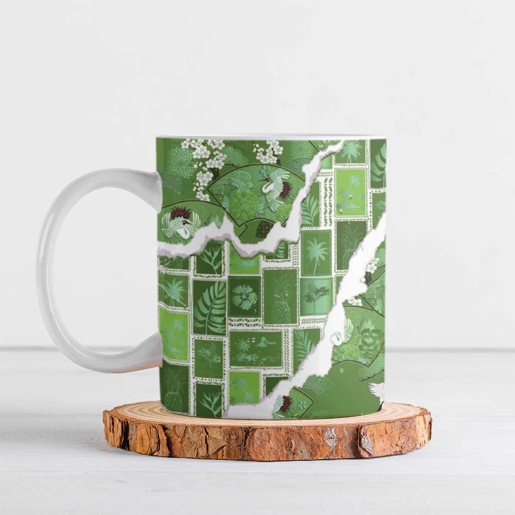 Hawaii Japanese Culture Sage Green Ceramic Mug Spring Cranes Aloha Pattern