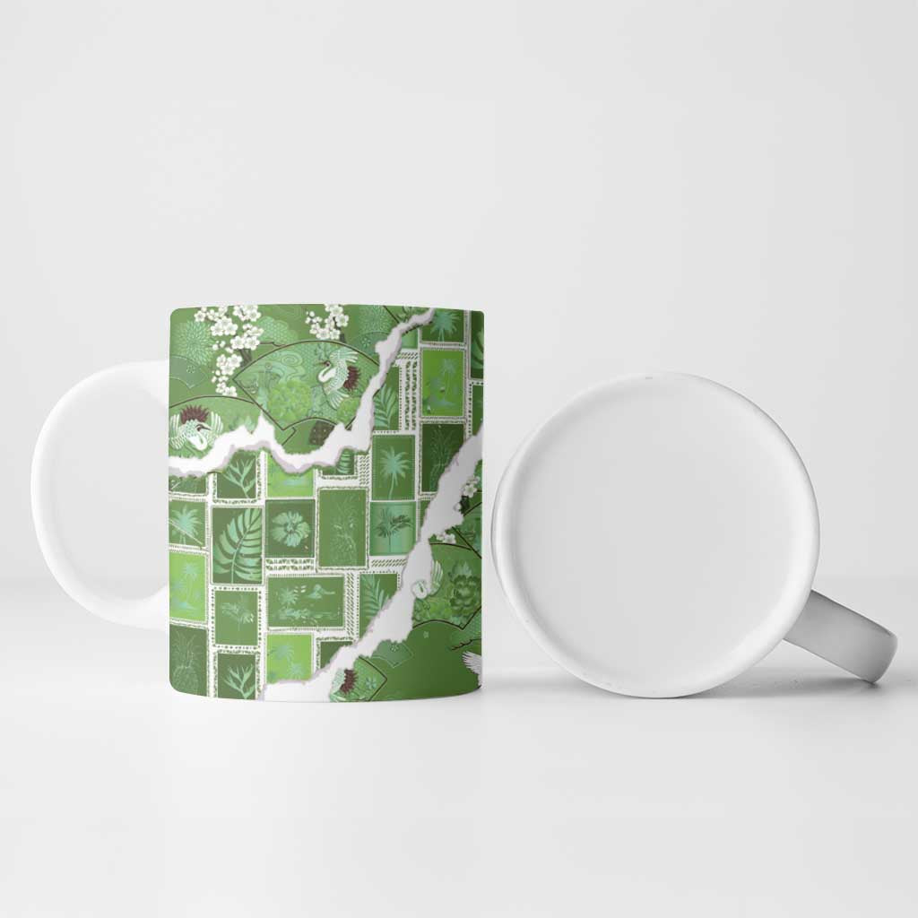 Hawaii Japanese Culture Sage Green Ceramic Mug Spring Cranes Aloha Pattern