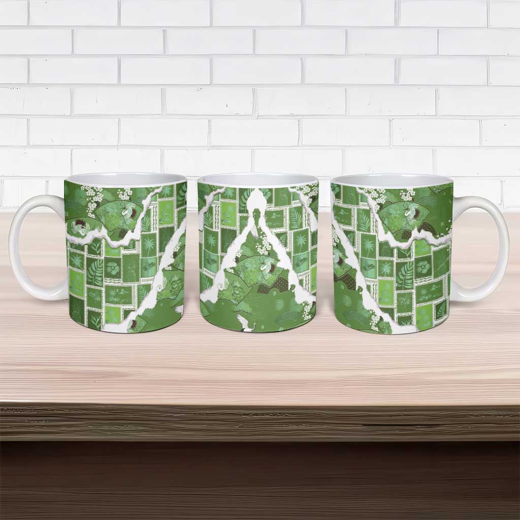 Hawaii Japanese Culture Sage Green Ceramic Mug Spring Cranes Aloha Pattern