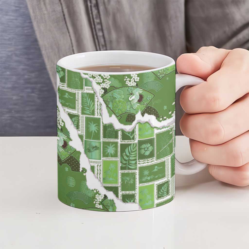 Hawaii Japanese Culture Sage Green Ceramic Mug Spring Cranes Aloha Pattern