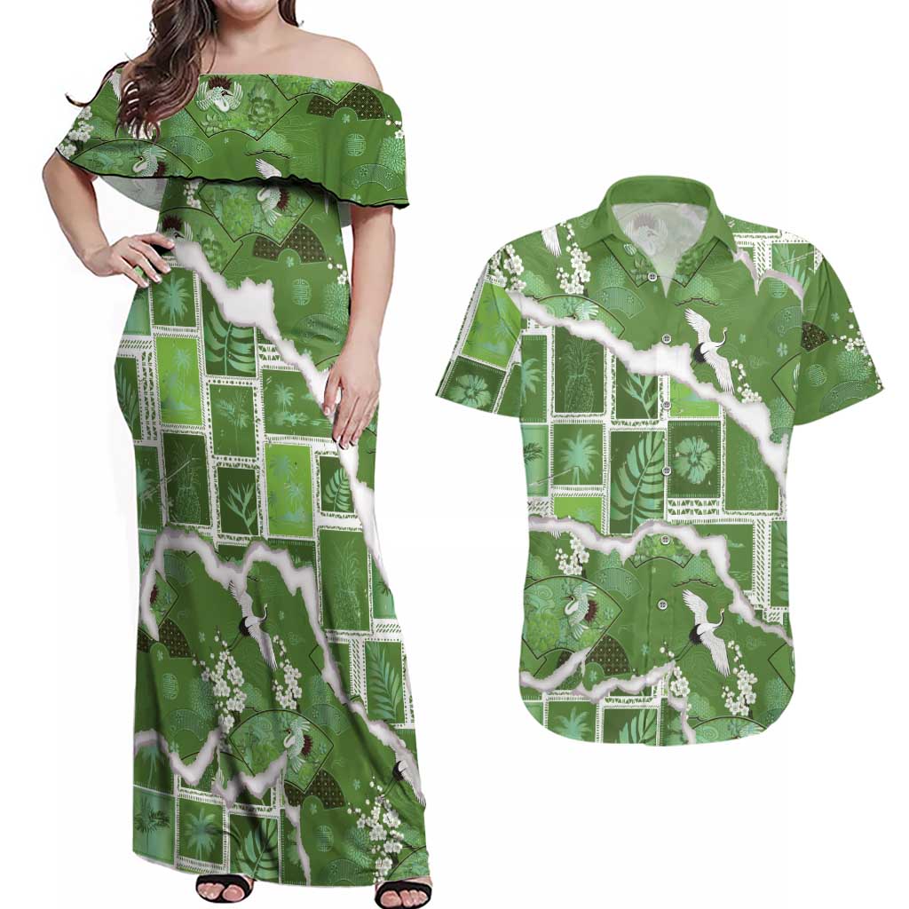 Hawaii Japanese Culture Sage Green Couples Matching Off Shoulder Maxi Dress and Hawaiian Shirt Spring Cranes Aloha Pattern LT01 Sage - Polynesian Pride