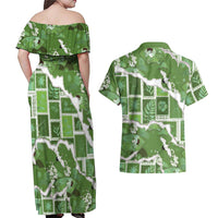Hawaii Japanese Culture Sage Green Couples Matching Off Shoulder Maxi Dress and Hawaiian Shirt Spring Cranes Aloha Pattern LT01 - Polynesian Pride