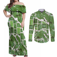 Hawaii Japanese Culture Sage Green Couples Matching Off Shoulder Maxi Dress and Long Sleeve Button Shirt Spring Cranes Aloha Pattern