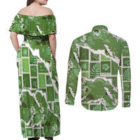 Hawaii Japanese Culture Sage Green Couples Matching Off Shoulder Maxi Dress and Long Sleeve Button Shirt Spring Cranes Aloha Pattern