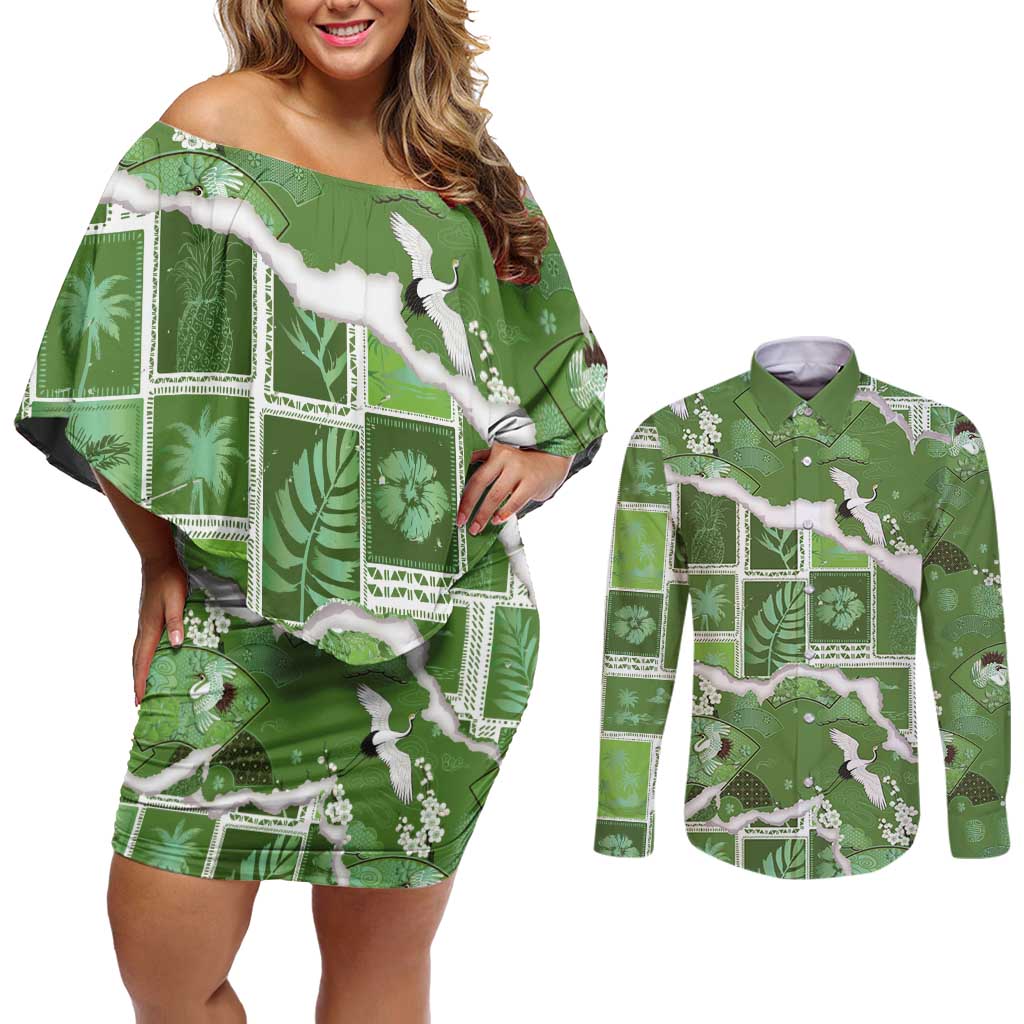 Hawaii Japanese Culture Sage Green Couples Matching Off Shoulder Short Dress and Long Sleeve Button Shirt Spring Cranes Aloha Pattern LT01 Sage - Polynesian Pride