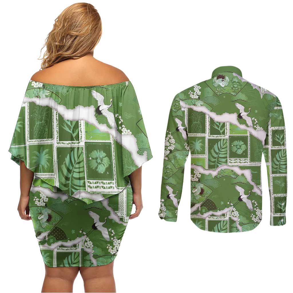 Hawaii Japanese Culture Sage Green Couples Matching Off Shoulder Short Dress and Long Sleeve Button Shirt Spring Cranes Aloha Pattern LT01 - Polynesian Pride