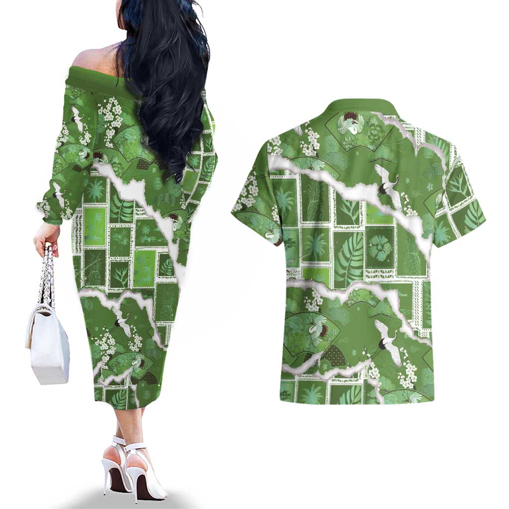 Hawaii Japanese Culture Sage Green Couples Matching Off The Shoulder Long Sleeve Dress and Hawaiian Shirt Spring Cranes Aloha Pattern LT01 - Polynesian Pride
