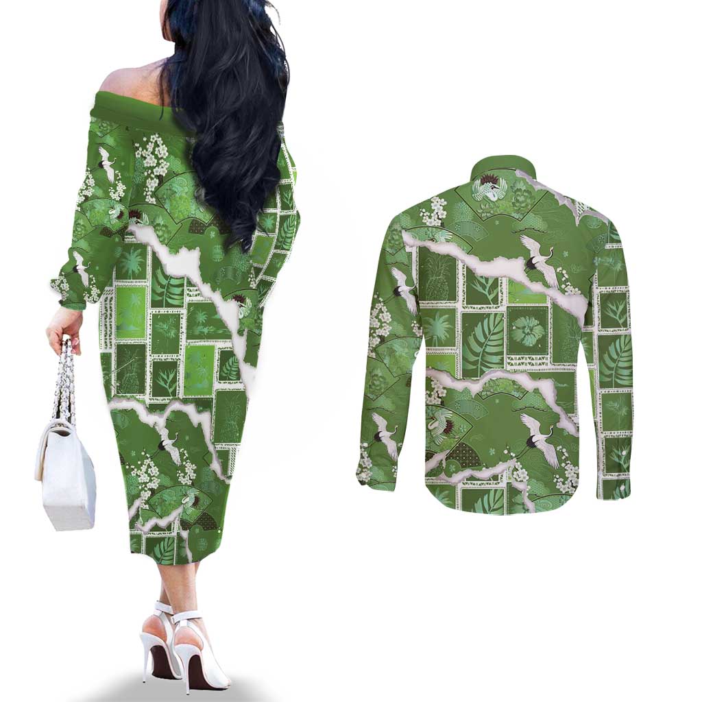 Hawaii Japanese Culture Sage Green Couples Matching Off The Shoulder Long Sleeve Dress and Long Sleeve Button Shirt Spring Cranes Aloha Pattern