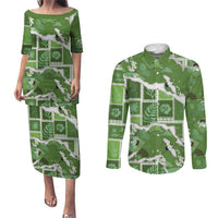 Hawaii Japanese Culture Sage Green Couples Matching Puletasi and Long Sleeve Button Shirt Spring Cranes Aloha Pattern