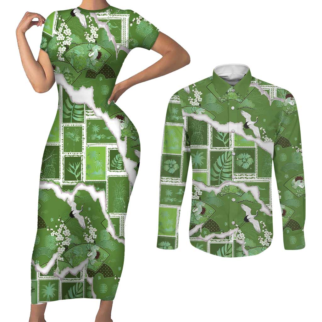 Hawaii Japanese Culture Sage Green Couples Matching Short Sleeve Bodycon Dress and Long Sleeve Button Shirt Spring Cranes Aloha Pattern LT01 Sage - Polynesian Pride