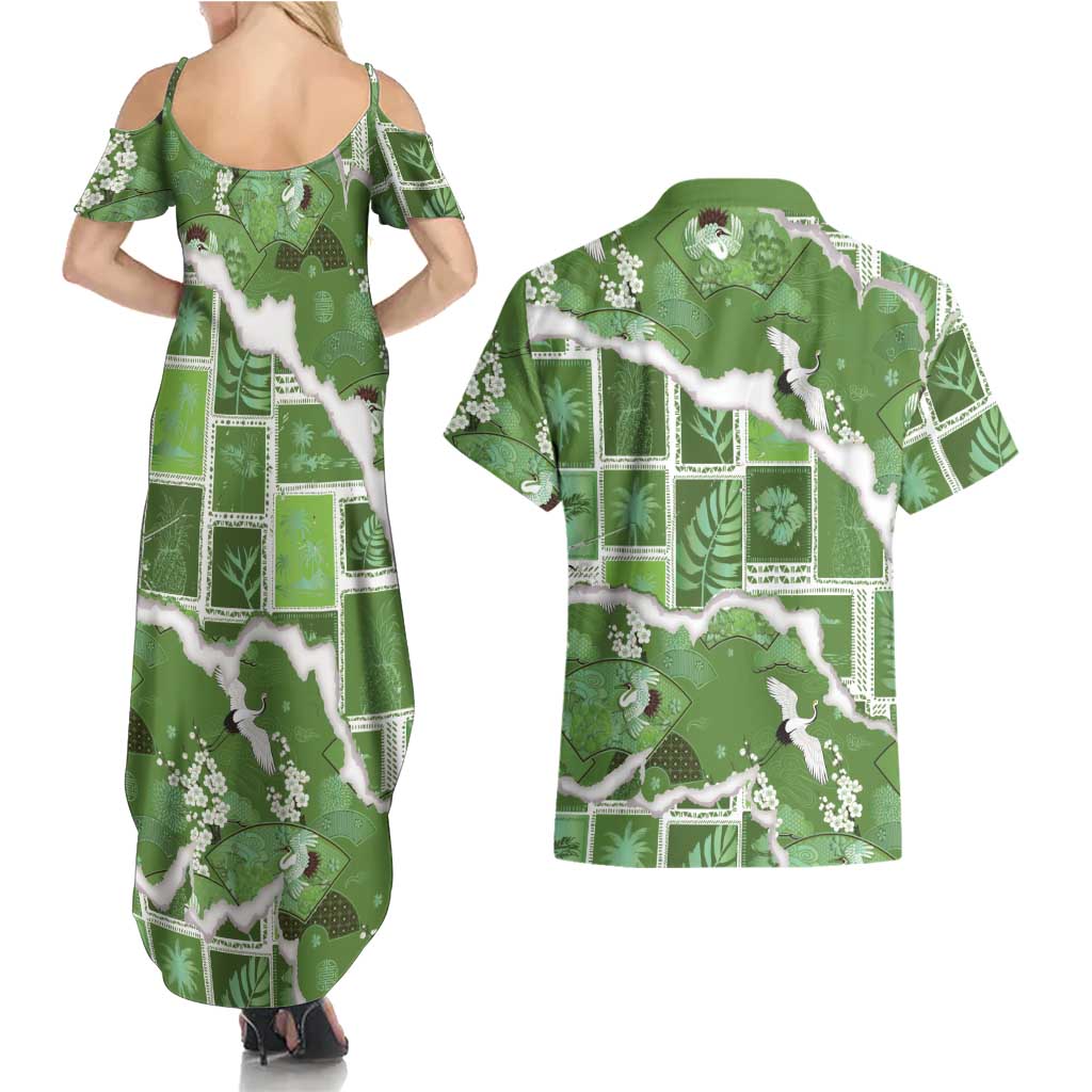 Hawaii Japanese Culture Sage Green Couples Matching Summer Maxi Dress and Hawaiian Shirt Spring Cranes Aloha Pattern LT01 - Polynesian Pride