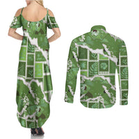Hawaii Japanese Culture Sage Green Couples Matching Summer Maxi Dress and Long Sleeve Button Shirt Spring Cranes Aloha Pattern LT01 - Polynesian Pride