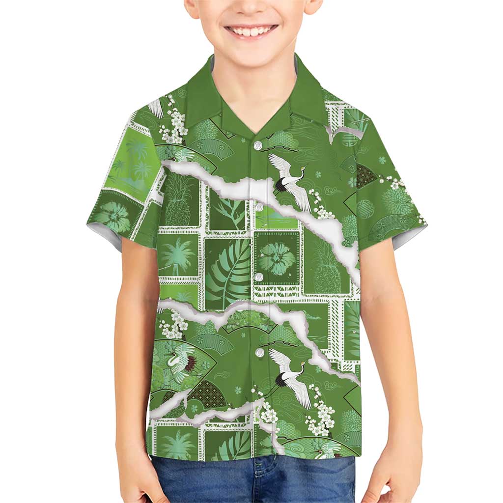 Hawaii Japanese Culture Sage Green Family Matching Long Sleeve Bodycon Dress and Hawaiian Shirt Spring Cranes Aloha Pattern LT01 Son's Shirt Sage - Polynesian Pride
