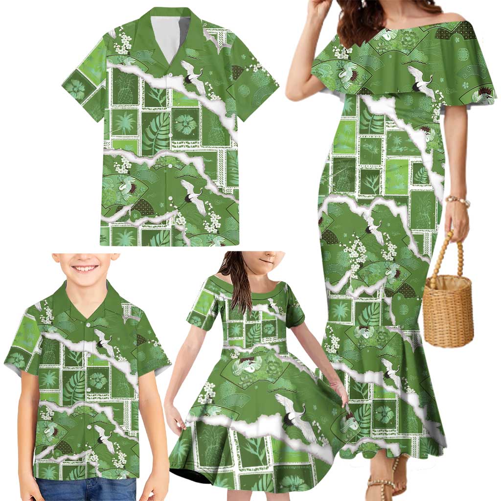 Hawaii Japanese Culture Sage Green Family Matching Mermaid Dress and Hawaiian Shirt Spring Cranes Aloha Pattern