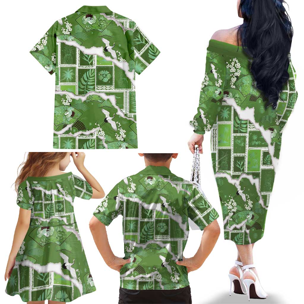 Hawaii Japanese Culture Sage Green Family Matching Off The Shoulder Long Sleeve Dress and Hawaiian Shirt Spring Cranes Aloha Pattern LT01 - Polynesian Pride