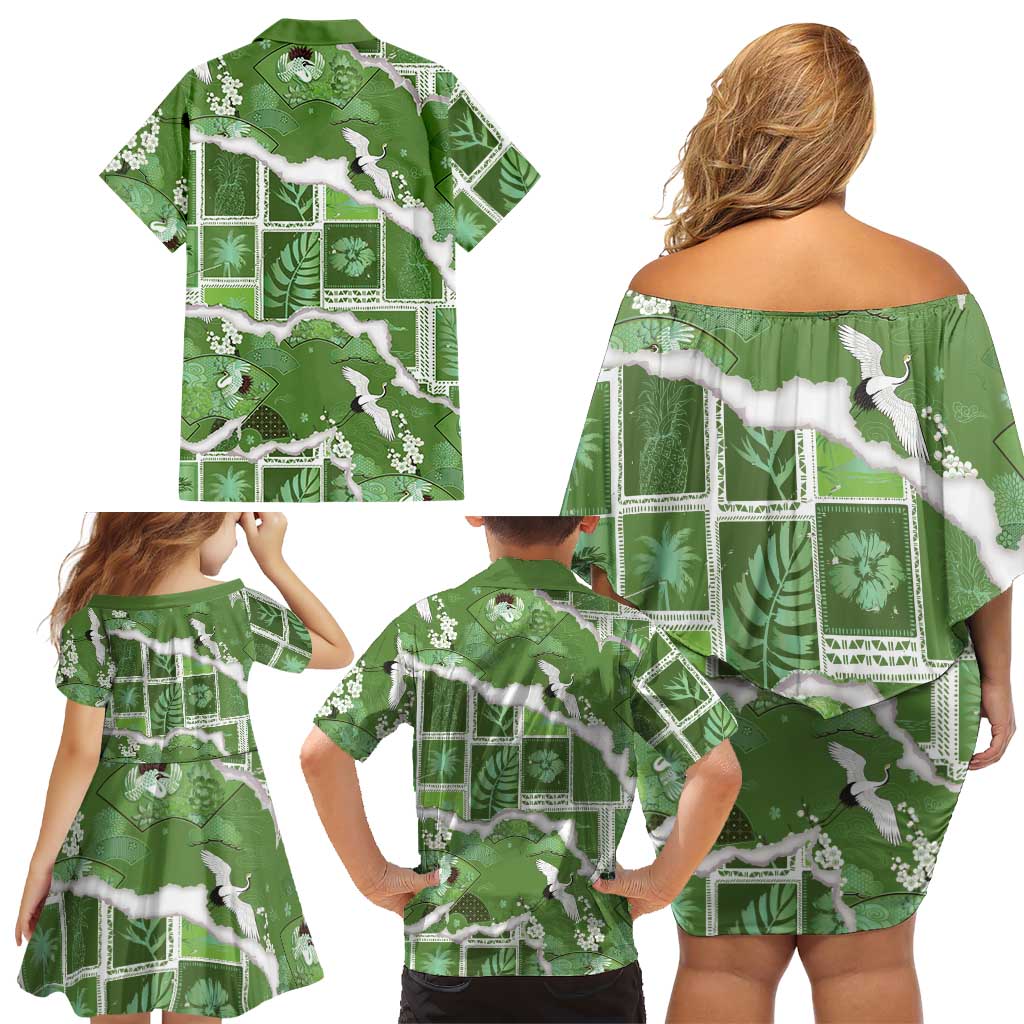 Hawaii Japanese Culture Sage Green Family Matching Off Shoulder Short Dress and Hawaiian Shirt Spring Cranes Aloha Pattern