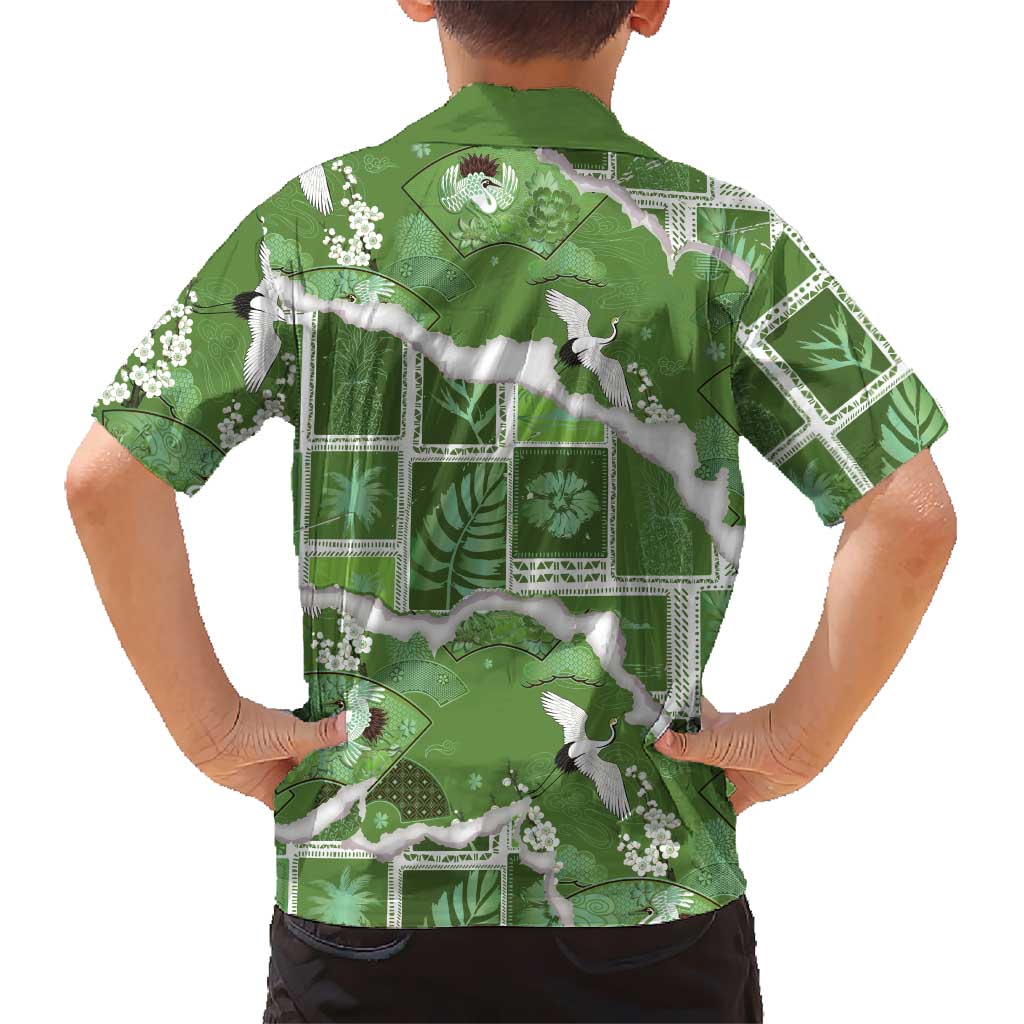 Hawaii Japanese Culture Sage Green Family Matching Short Sleeve Bodycon Dress and Hawaiian Shirt Spring Cranes Aloha Pattern LT01 - Polynesian Pride