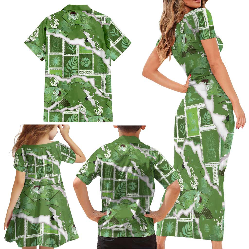 Hawaii Japanese Culture Sage Green Family Matching Short Sleeve Bodycon Dress and Hawaiian Shirt Spring Cranes Aloha Pattern LT01 - Polynesian Pride