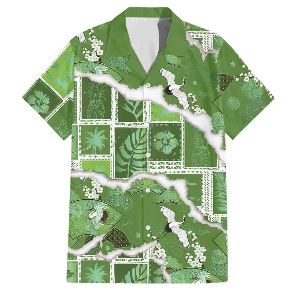 Hawaii Japanese Culture Sage Green Family Matching Short Sleeve Bodycon Dress and Hawaiian Shirt Spring Cranes Aloha Pattern LT01 Dad's Shirt - Short Sleeve Sage - Polynesian Pride