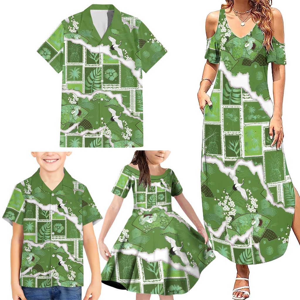 Hawaii Japanese Culture Sage Green Family Matching Summer Maxi Dress and Hawaiian Shirt Spring Cranes Aloha Pattern