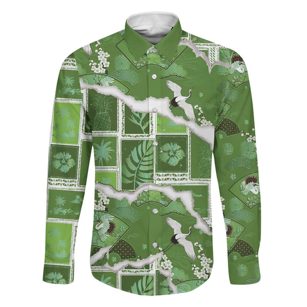 Hawaii Japanese Culture Sage Green Family Matching Summer Maxi Dress and Hawaiian Shirt Spring Cranes Aloha Pattern