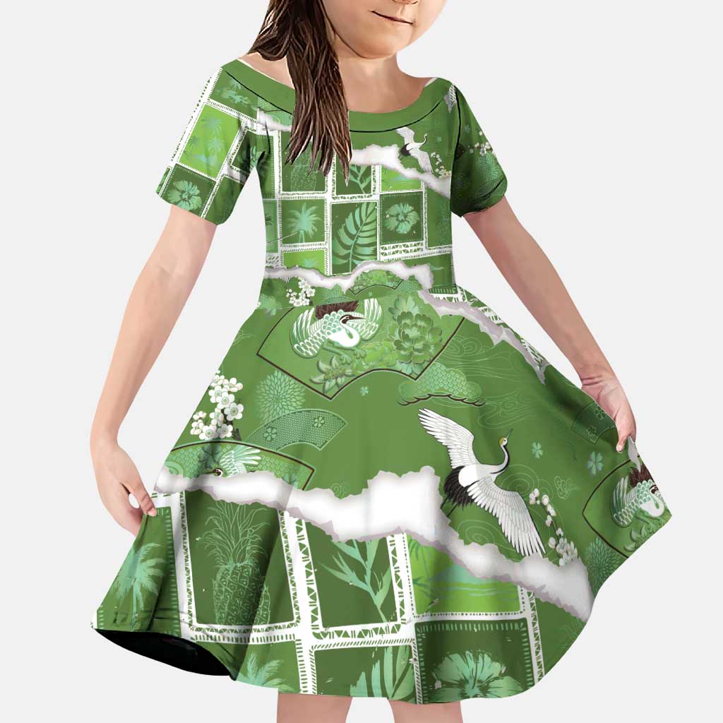 Hawaii Japanese Culture Sage Green Family Matching Tank Maxi Dress and Hawaiian Shirt Spring Cranes Aloha Pattern