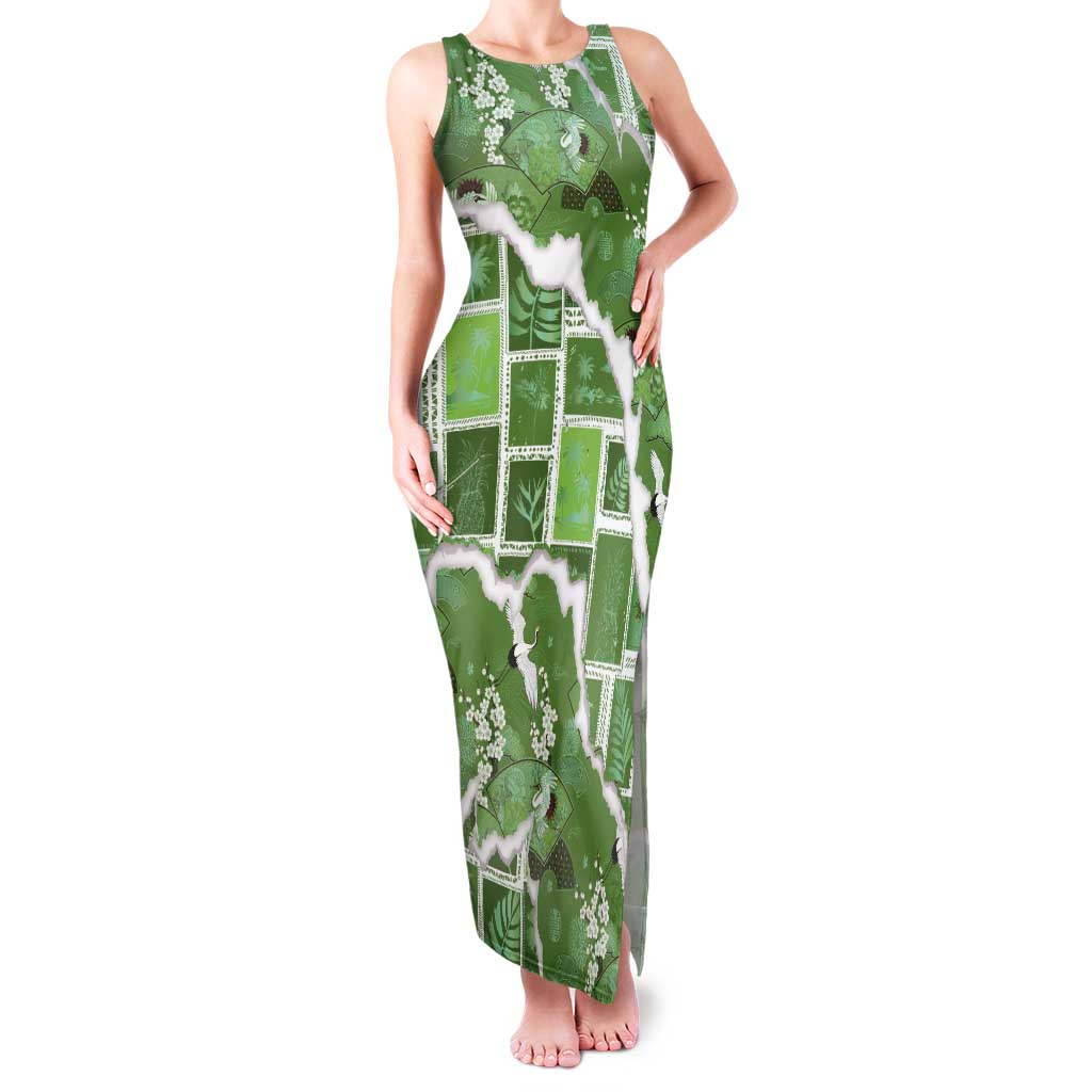 Hawaii Japanese Culture Sage Green Family Matching Tank Maxi Dress and Hawaiian Shirt Spring Cranes Aloha Pattern
