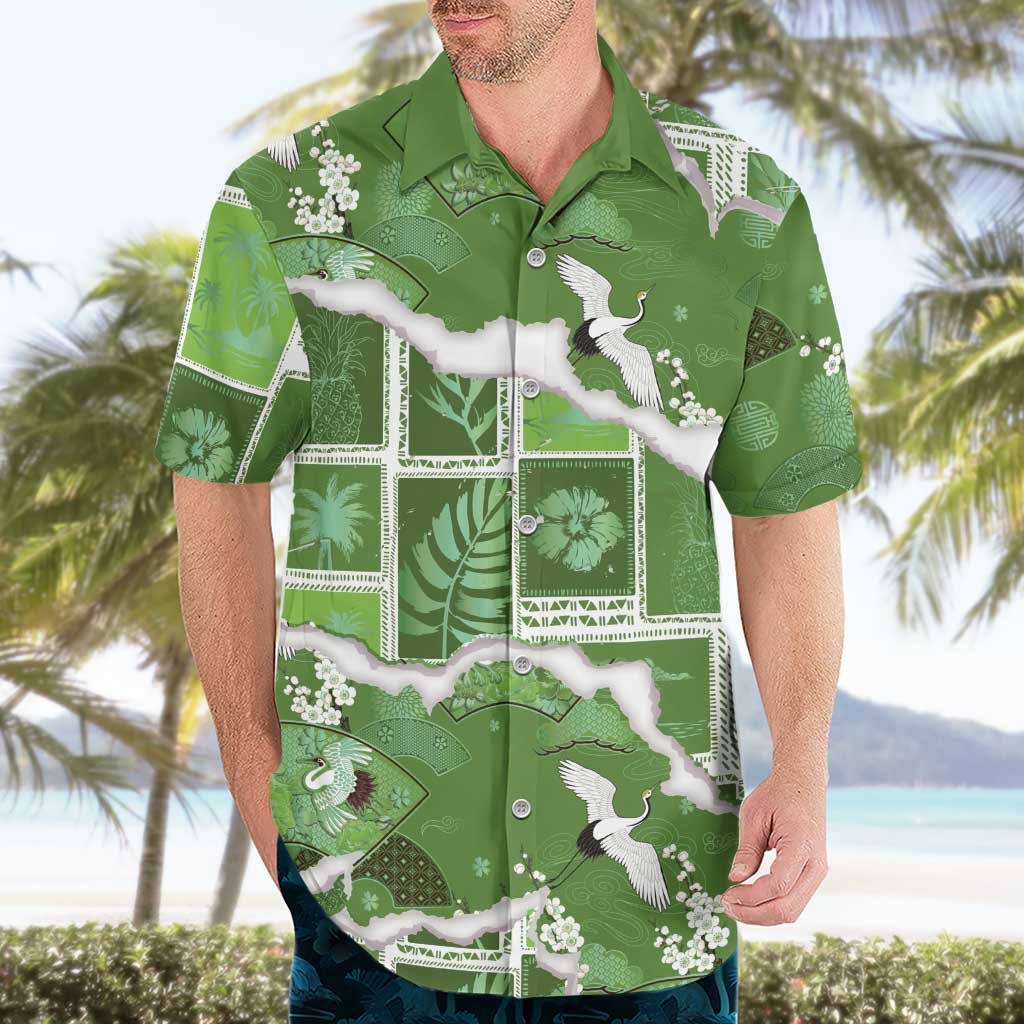 Hawaii Japanese Culture Sage Green Hawaiian Shirt Spring Cranes Aloha Pattern LT01 - Polynesian Pride