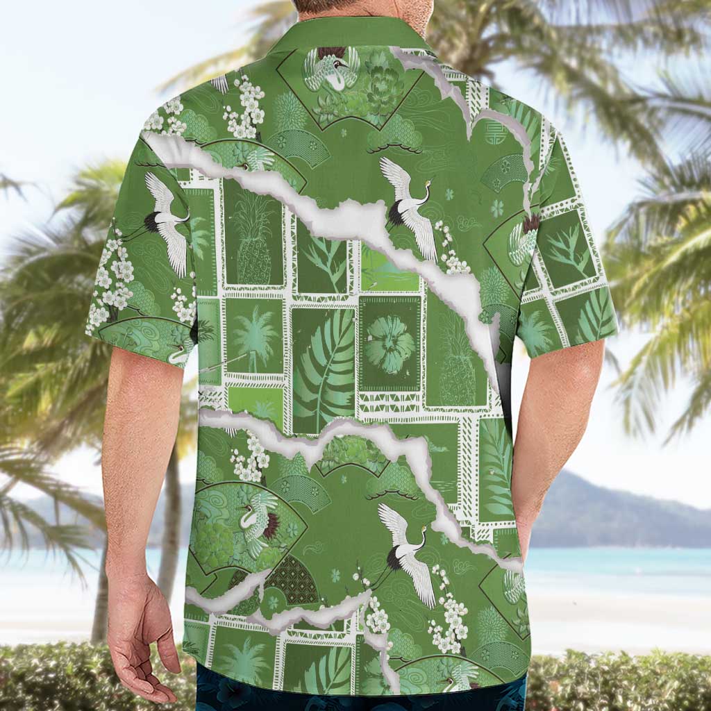 Hawaii Japanese Culture Sage Green Hawaiian Shirt Spring Cranes Aloha Pattern LT01 - Polynesian Pride