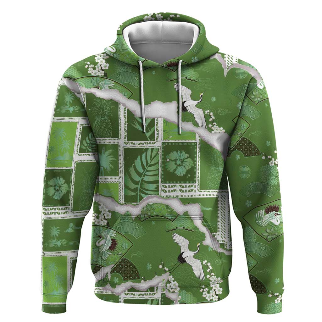 Hawaii Japanese Culture Sage Green Hoodie Spring Cranes Aloha Pattern LT01 Pullover Hoodie Sage - Polynesian Pride
