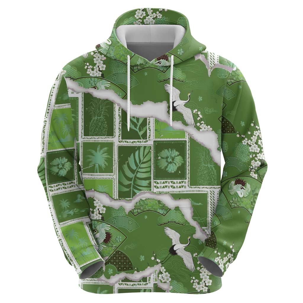 Hawaii Japanese Culture Sage Green Hoodie Spring Cranes Aloha Pattern LT01 - Polynesian Pride