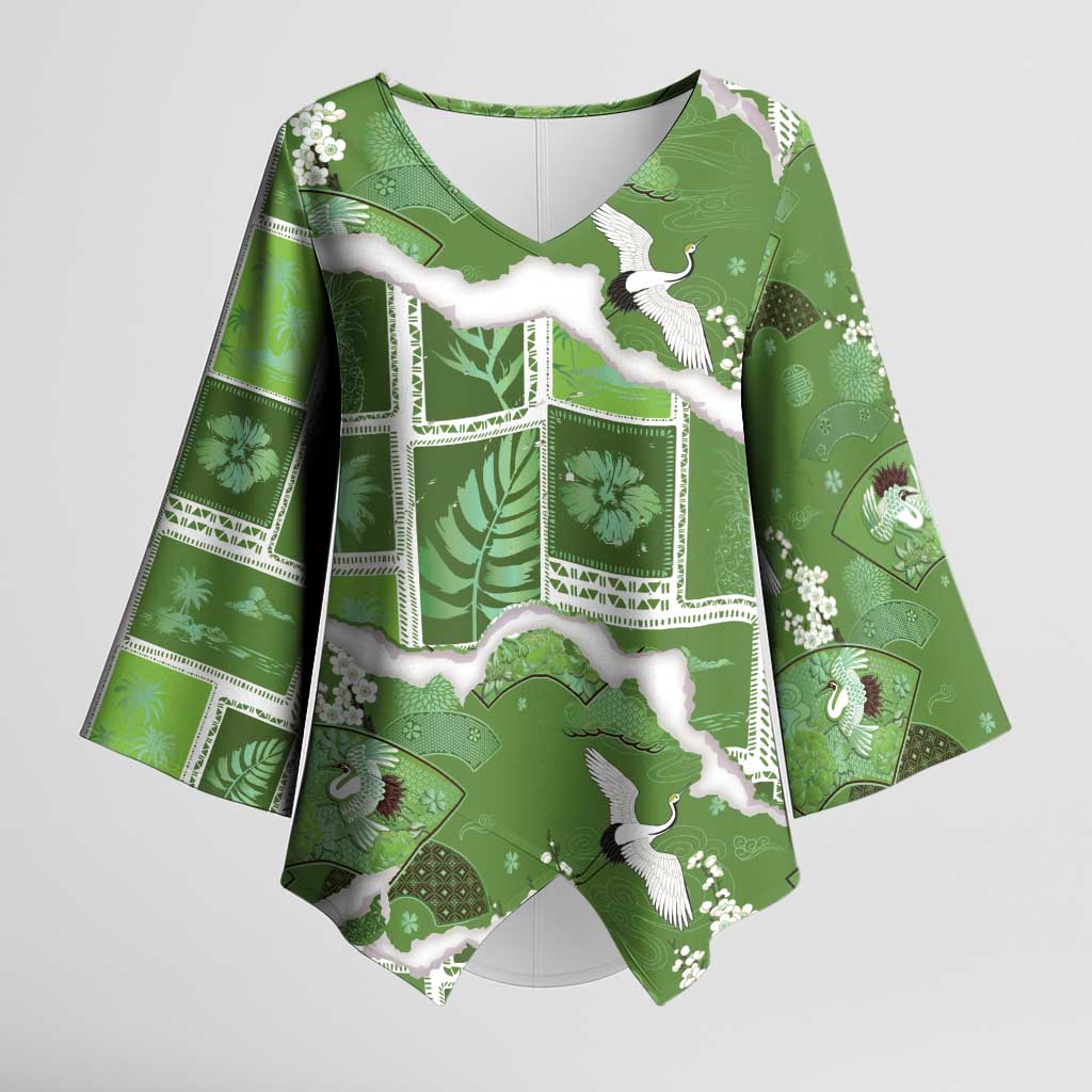 Hawaii Japanese Culture Sage Green Kimono Sleeve Blouse Spring Cranes Aloha Pattern LT01 Female Sage - Polynesian Pride