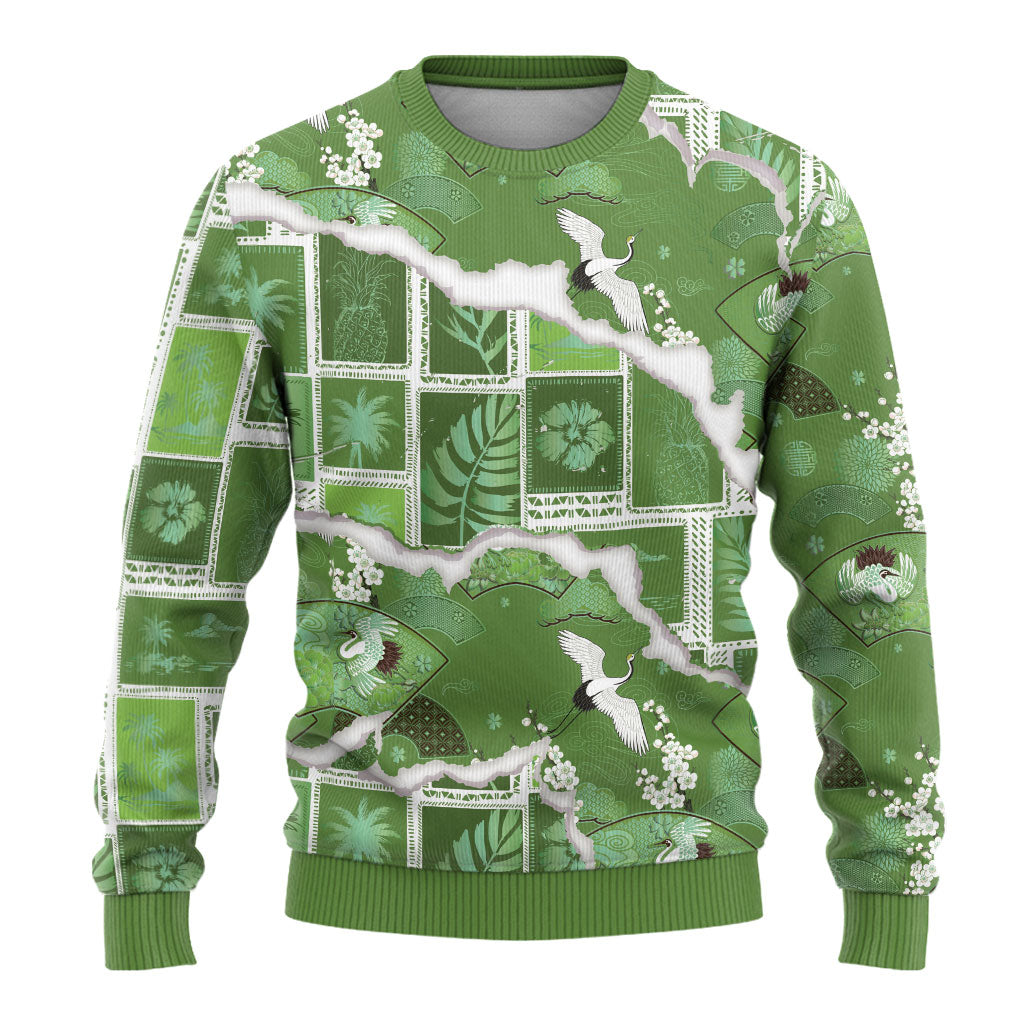 Hawaii Japanese Culture Sage Green Ugly Christmas Sweater Spring Cranes Aloha Pattern LT01 - Polynesian Pride