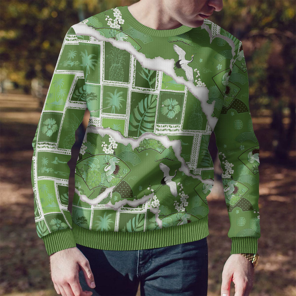 Hawaii Japanese Culture Sage Green Ugly Christmas Sweater Spring Cranes Aloha Pattern LT01 - Polynesian Pride
