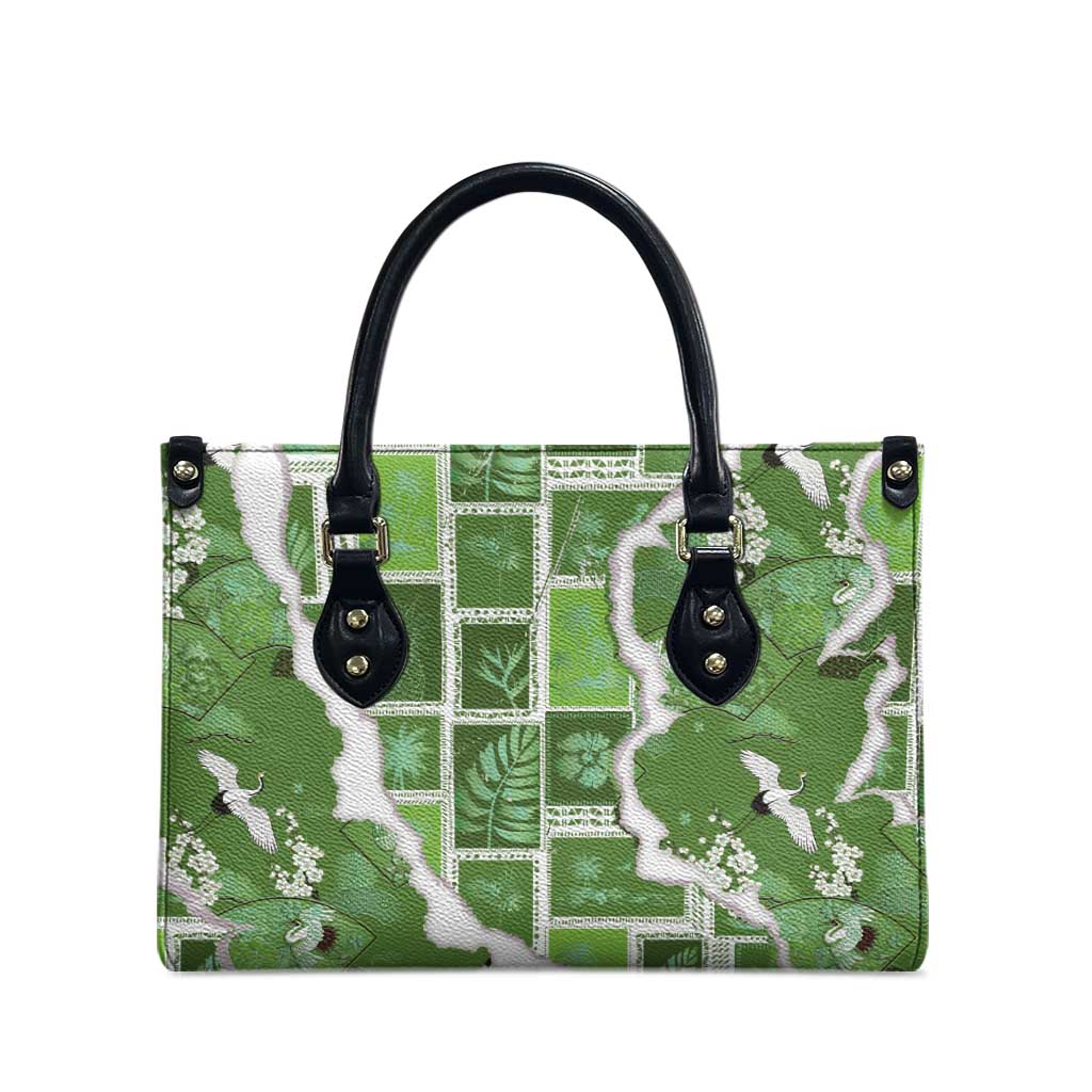 Hawaii Japanese Culture Sage Green Leather Bag Spring Cranes Aloha Pattern
