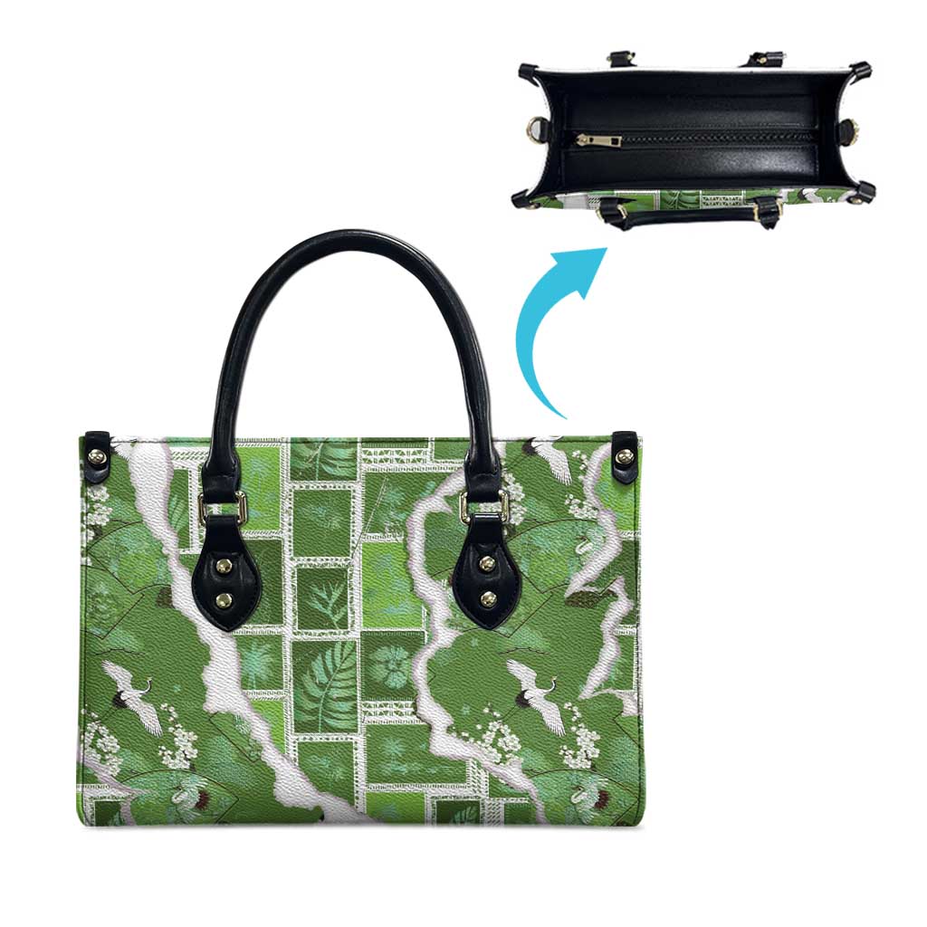 Hawaii Japanese Culture Sage Green Leather Bag Spring Cranes Aloha Pattern