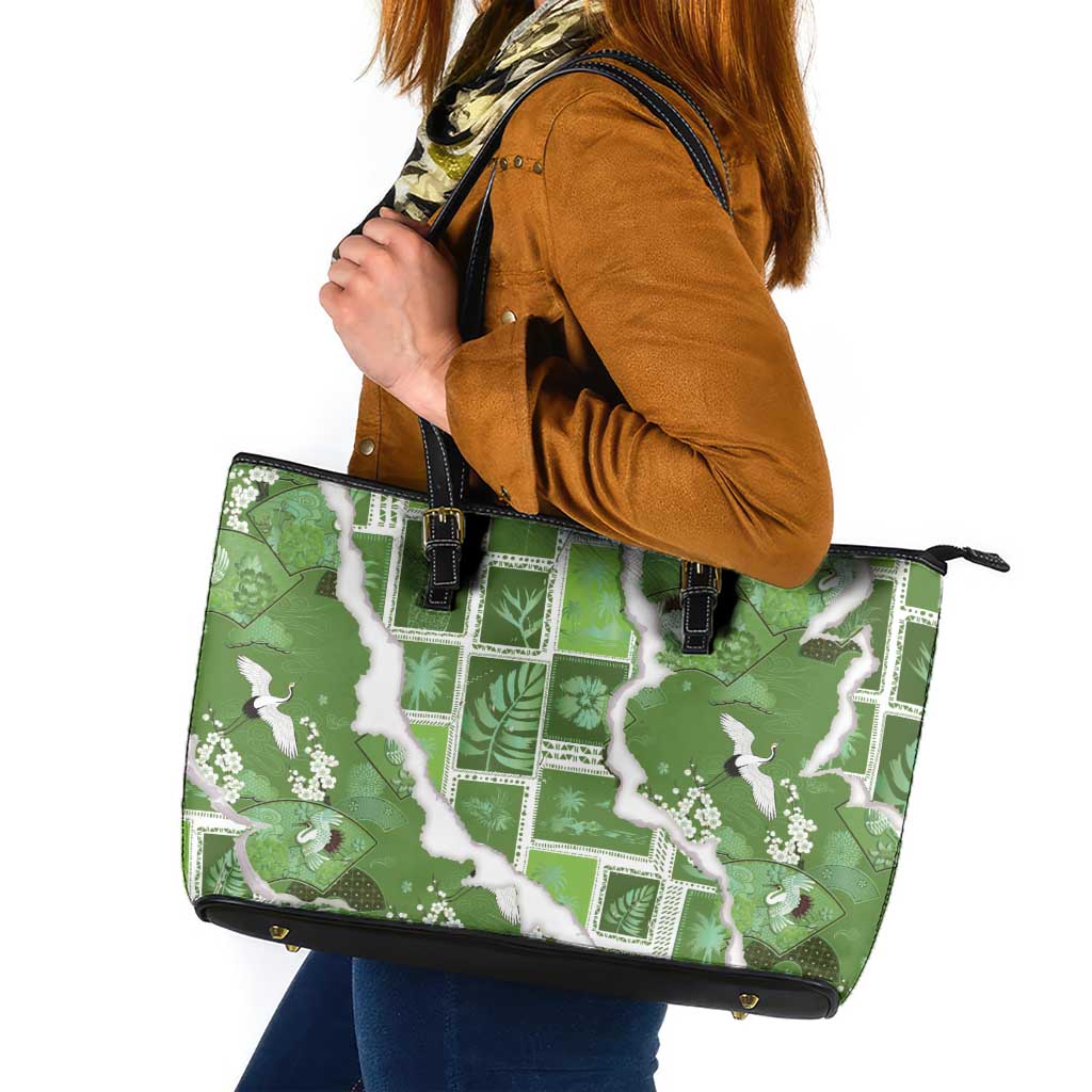 Hawaii Japanese Culture Sage Green Leather Tote Bag Spring Cranes Aloha Pattern LT01 Sage - Polynesian Pride