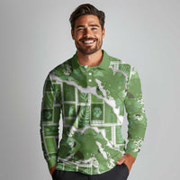 Hawaii Japanese Culture Sage Green Long Sleeve Polo Shirt Spring Cranes Aloha Pattern