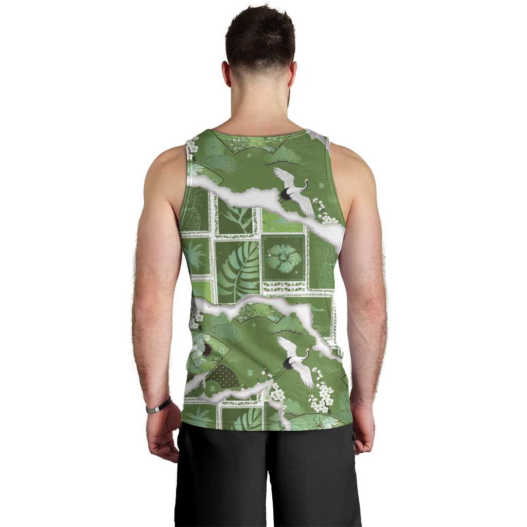 Hawaii Japanese Culture Sage Green Men Tank Top Spring Cranes Aloha Pattern