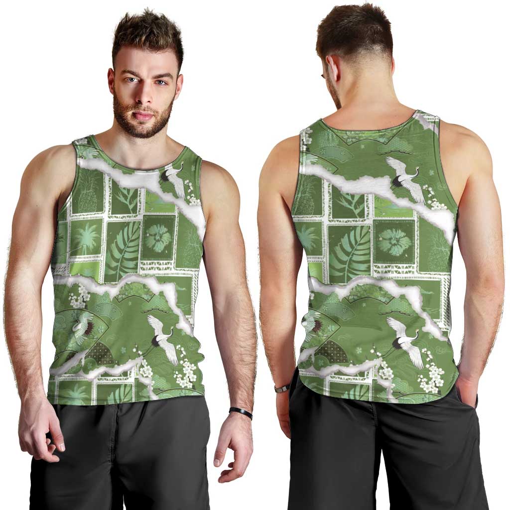 Hawaii Japanese Culture Sage Green Men Tank Top Spring Cranes Aloha Pattern