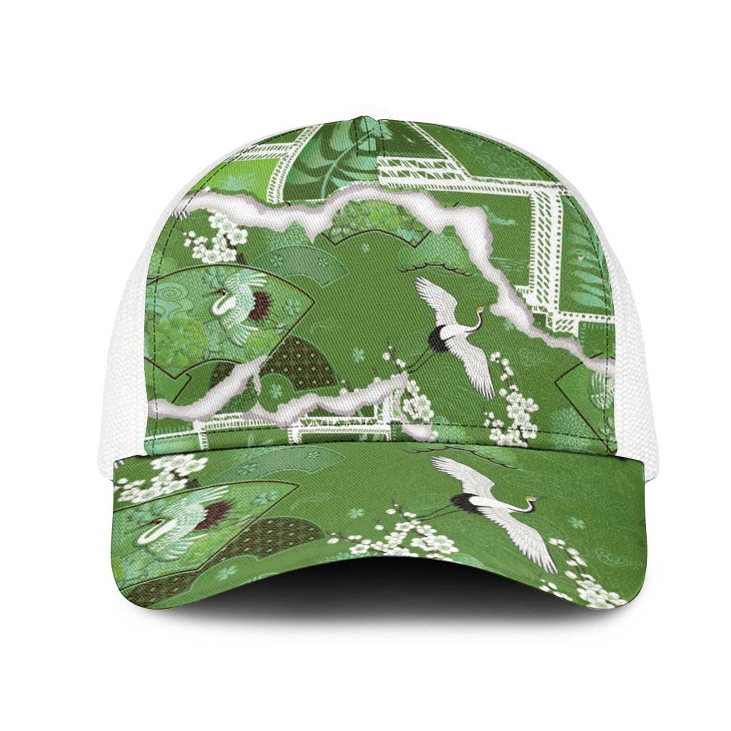 Hawaii Japanese Culture Sage Green Mesh Trucker Cap Spring Cranes Aloha Pattern