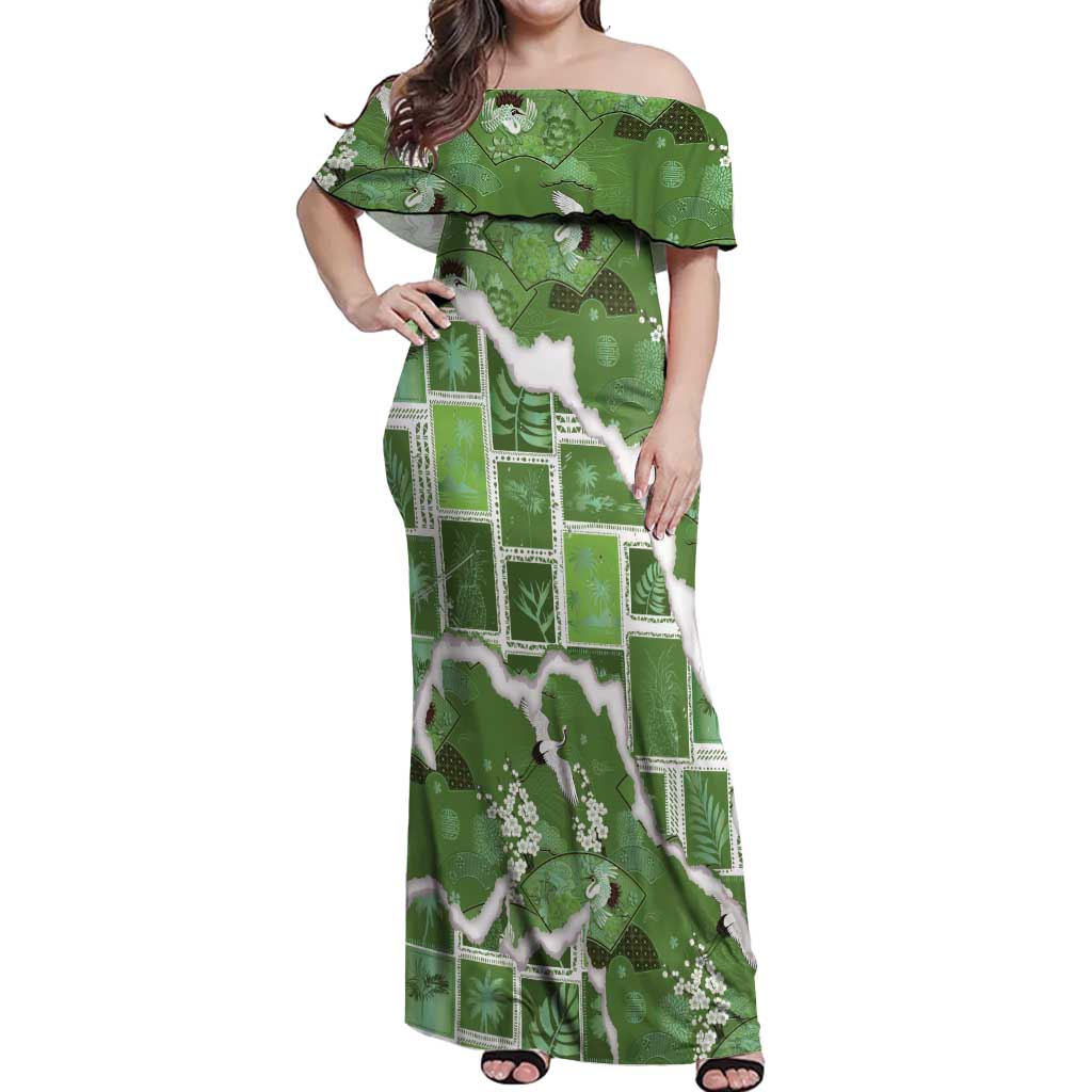 Hawaii Japanese Culture Sage Green Off Shoulder Maxi Dress Spring Cranes Aloha Pattern LT01 Women Sage - Polynesian Pride