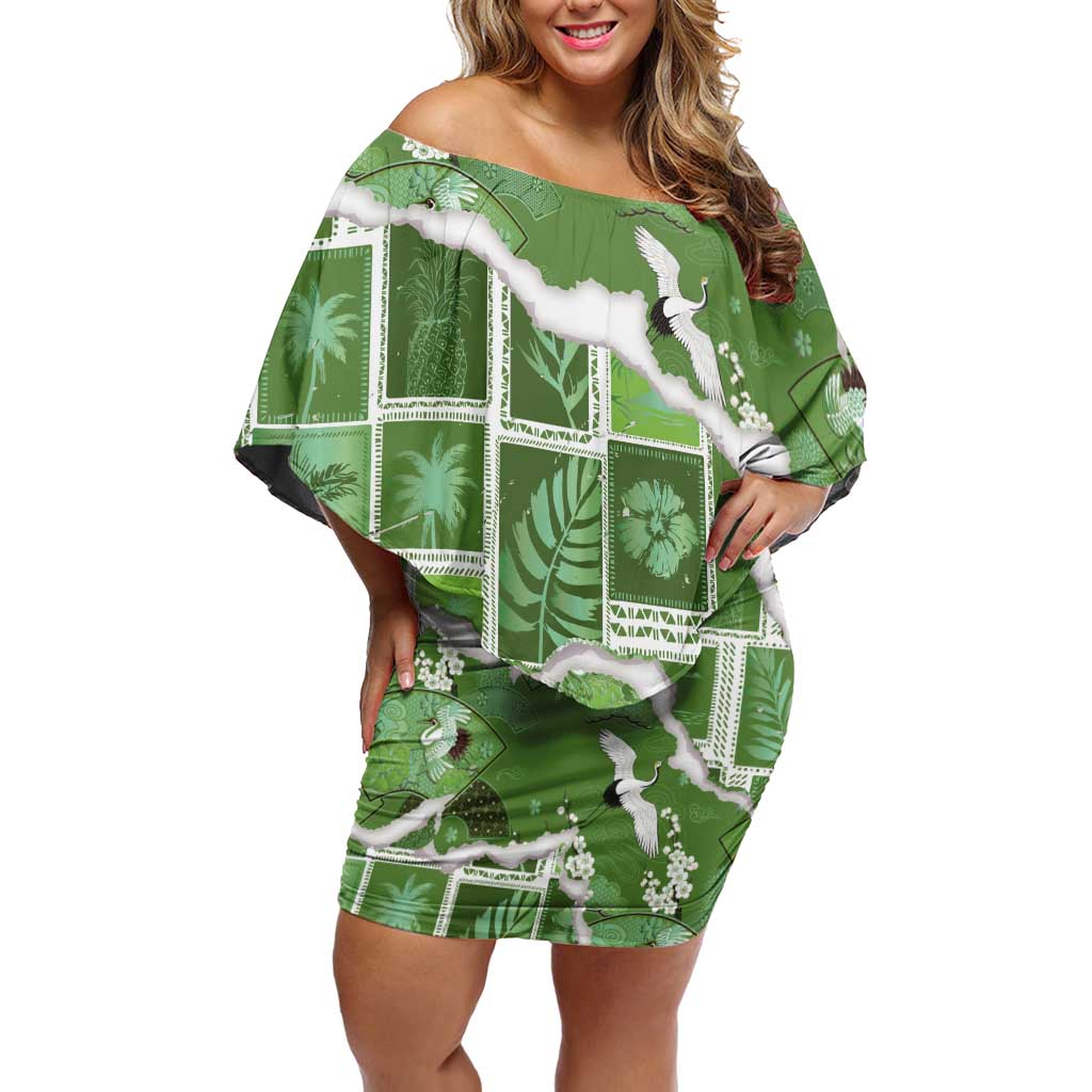 Hawaii Japanese Culture Sage Green Off Shoulder Short Dress Spring Cranes Aloha Pattern LT01 Women Sage - Polynesian Pride