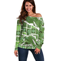 Hawaii Japanese Culture Sage Green Off Shoulder Sweater Spring Cranes Aloha Pattern