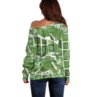 Hawaii Japanese Culture Sage Green Off Shoulder Sweater Spring Cranes Aloha Pattern