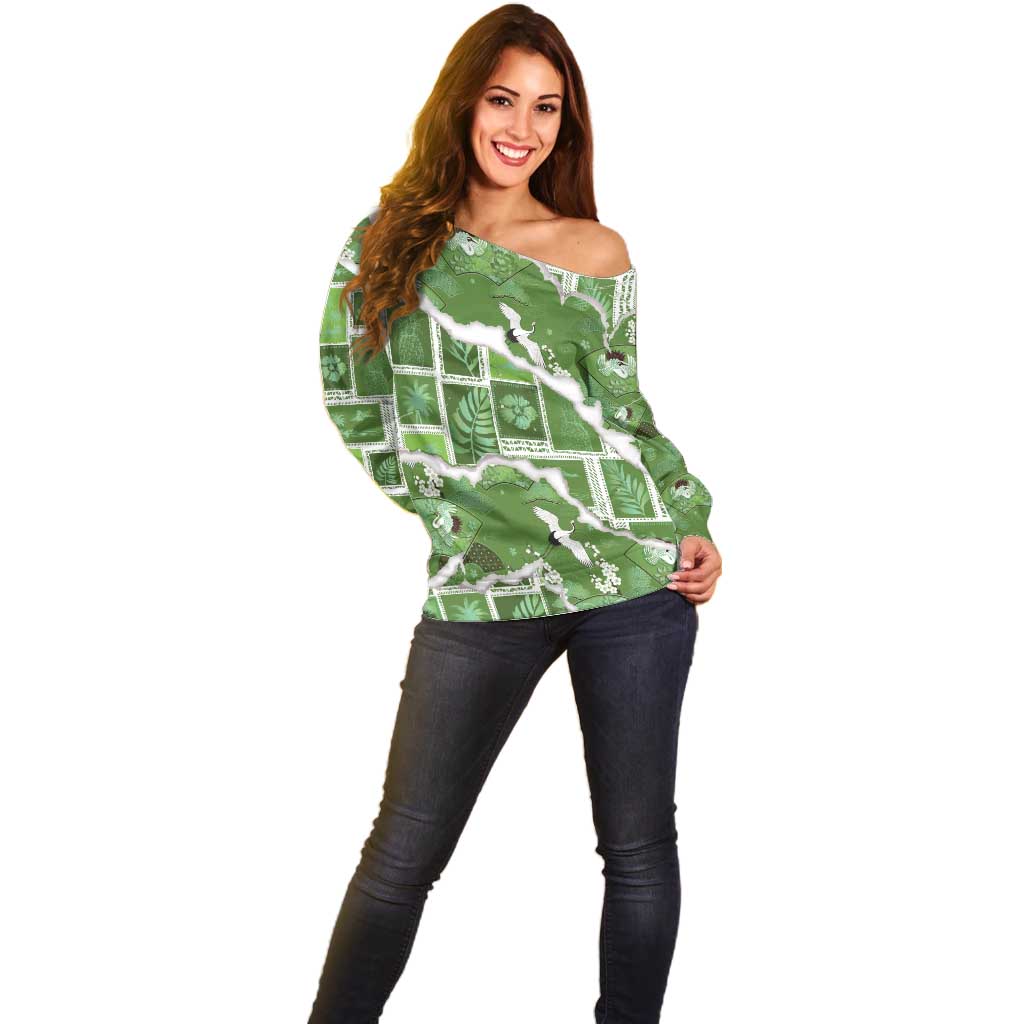Hawaii Japanese Culture Sage Green Off Shoulder Sweater Spring Cranes Aloha Pattern