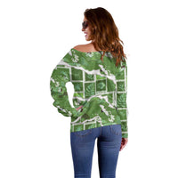 Hawaii Japanese Culture Sage Green Off Shoulder Sweater Spring Cranes Aloha Pattern