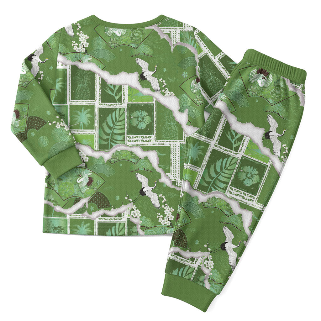 Hawaii Japanese Culture Sage Green Christmas Pajama Set Spring Cranes Aloha Pattern LT01 - Polynesian Pride